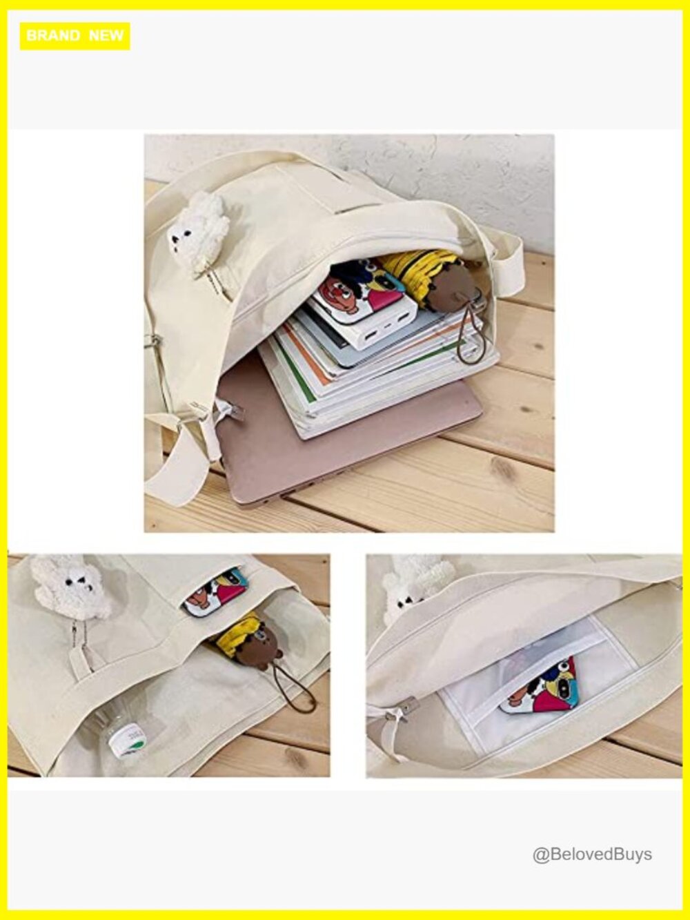 Canvas Tote Bag with Zipper Closure, 3 External Pockets, Adjustable Strap - Picture 6 of 7